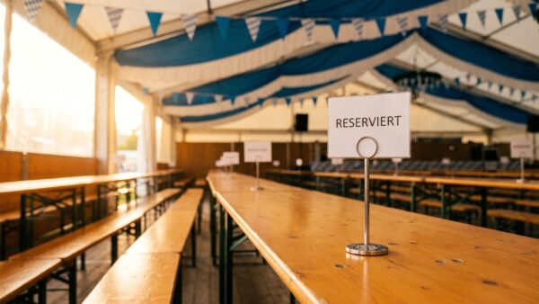 Reservierter Tisch im Oktoberfest-Bierzelt mit Reservierungsschild