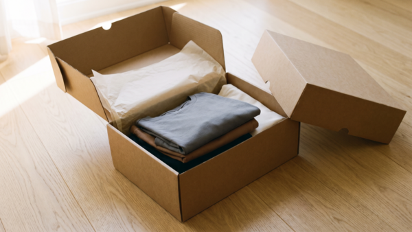 Geöffneter Versandkarton mit zusammengelegter Kleidung