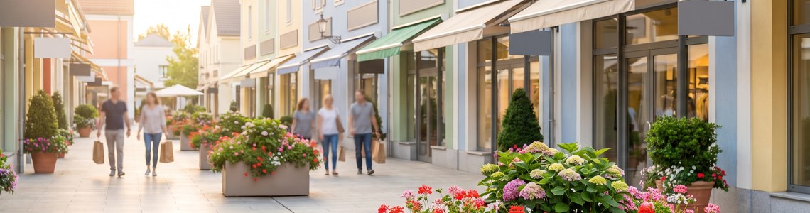 Outlet-Village in Deutschland - Ladenzeile mit Schaufenstern