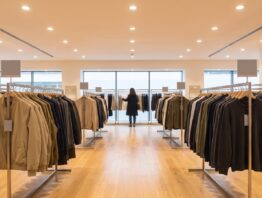 Outlets in Deutschland - Verkaufsflaeche mit Kleiderstangen im Outlet-Store