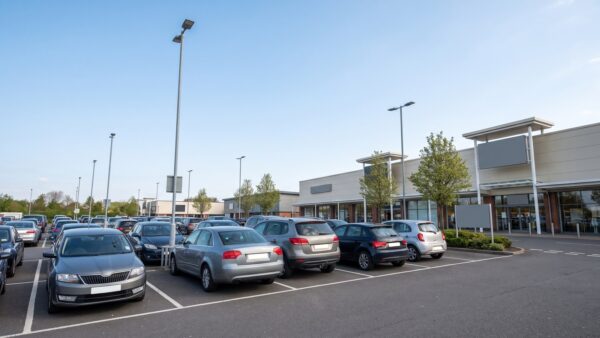 Parkplatz vor einem Outlet-Center — die Anfahrt gehört zum Preis