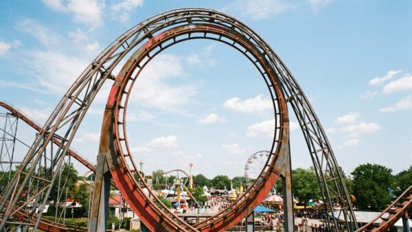 park achterbahn Achterbahn-Looping vor blauem Himmel