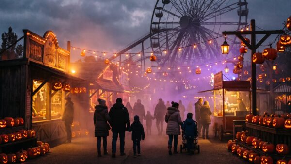 park halloween Freizeitpark bei Dämmerung mit Kürbissen und Nebel