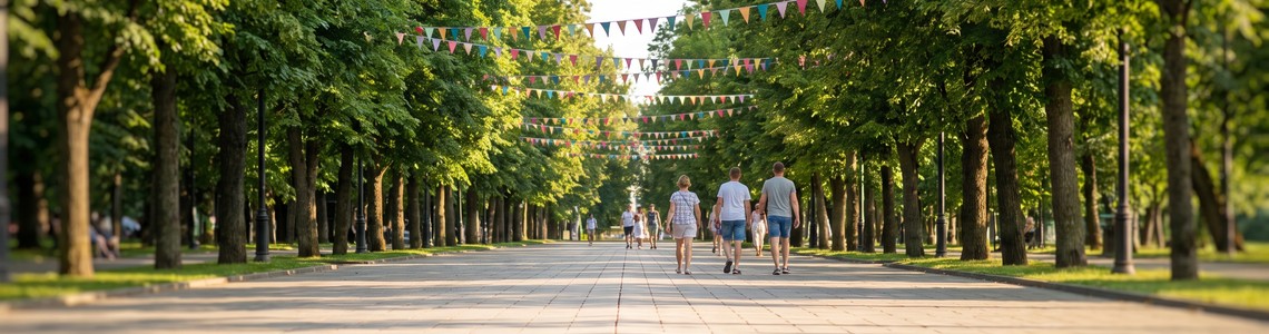 Sonnige Promenade in einem Freizeitpark mit Wimpelketten