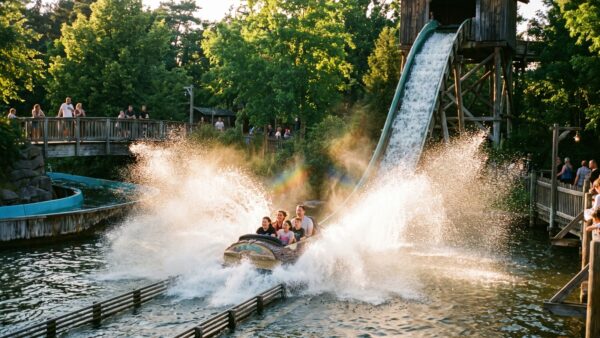 park wasserbahn Wasserbahn in einem Freizeitpark mit spritzendem Wasser