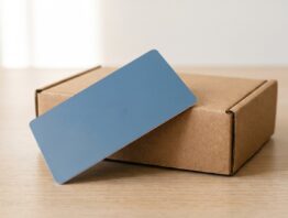 Unbedruckte blaue Karte auf einem braunen Versandkarton