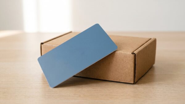 Unbedruckte blaue Karte auf einem braunen Versandkarton