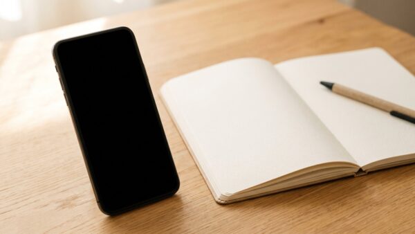 Smartphone mit schwarzem Bildschirm neben leerem Notizheft auf Holz