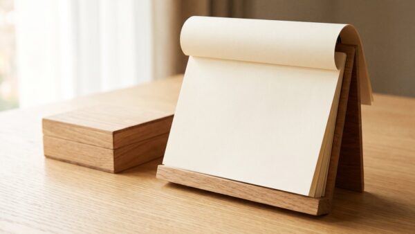Leerer Tischkalender neben einer kleinen Holzschatulle