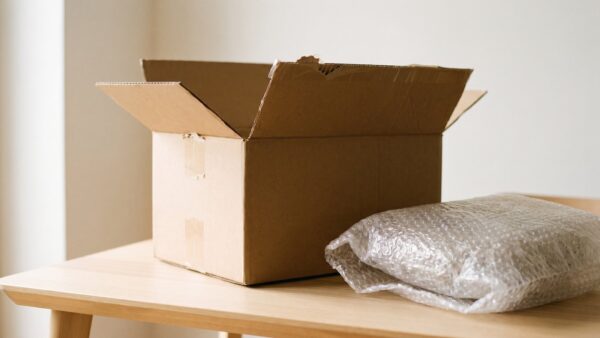 paypal kaeuferschutz bild 1 Geoeffneter Versandkarton mit Polstermaterial auf hellem Holztisch