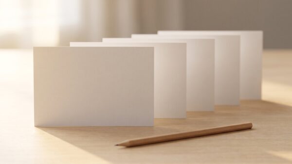 paypal kaeuferschutz bild 3 Fuenf leere Karteikarten in einer Reihe auf hellem Holz