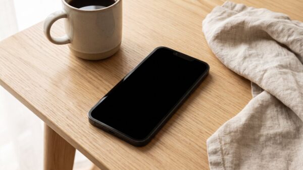 paypal kaeuferschutz bild 4 Smartphone mit schwarzem Bildschirm neben einer Kaffeetasse auf Holz