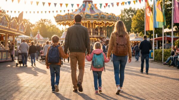 Familie im Freizeitpark auf dem Weg zu den Attraktionen