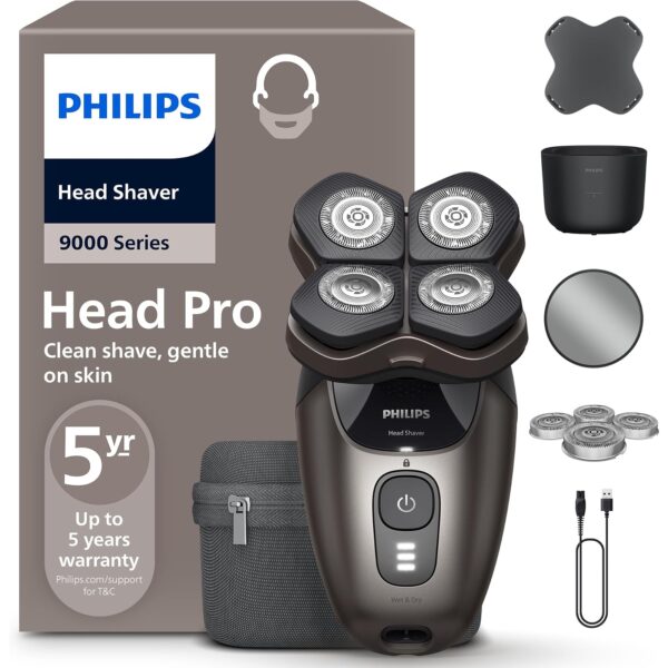 PHILIPS Head Shaver Pro Series 9000 – Glatzenrasierer für Herren und Frauen, elektrischer Rasierer mit flexiblem 360grad-Scherkopf und ComfortCut-Klingen, Modell HS9980/15