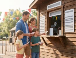 Familie mit Tickets am Eingang des PLAYMOBIL-FunPark in Zirndorf