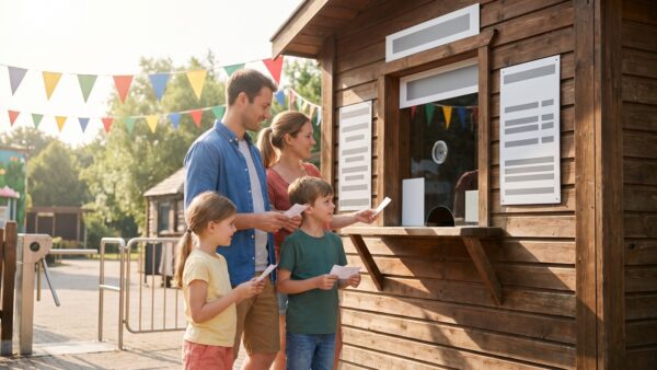 playmobil funpark eingang Familie mit Tickets am Eingang des PLAYMOBIL-FunPark in Zirndorf