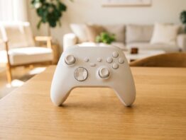Weisser Gaming-Controller auf einer hellen Holzflaeche