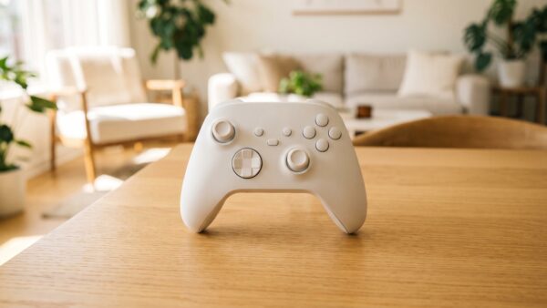 playstation plus kosten bild 1 Weisser Gaming-Controller auf einer hellen Holzflaeche
