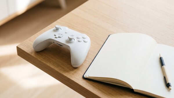 playstation plus kosten bild 4 Abgelegter Controller neben einem leeren Notizheft auf hellem Holz