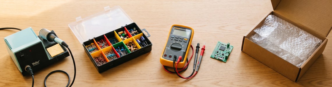 Elektronik-Werkzeuge und Versandkarton auf Holztisch - Pollin Insolvenz Magazin-Header