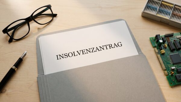 pollin insolvenz verfahren Elektronikbauteile und Insolvenzakte auf einem Werkstatttisch — Pollin Insolvenz 2026