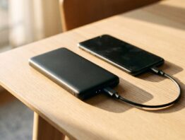 Powerbank lädt ein Smartphone über USB-C-Kabel