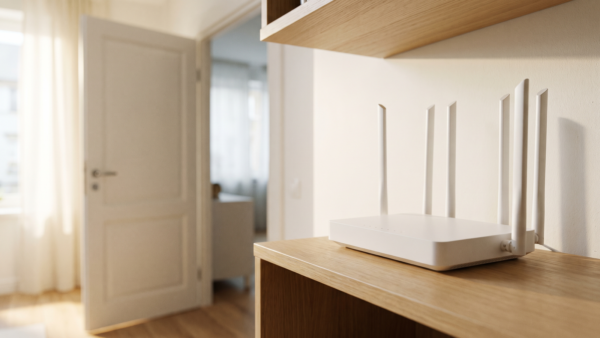 Frei aufgestellter WLAN-Router auf einem Regalbrett