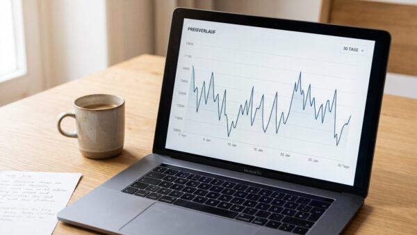 preisalarm einrichten bild 2 Preisverlauf eines Amazon-Produkts als Kurve auf dem Laptop-Bildschirm