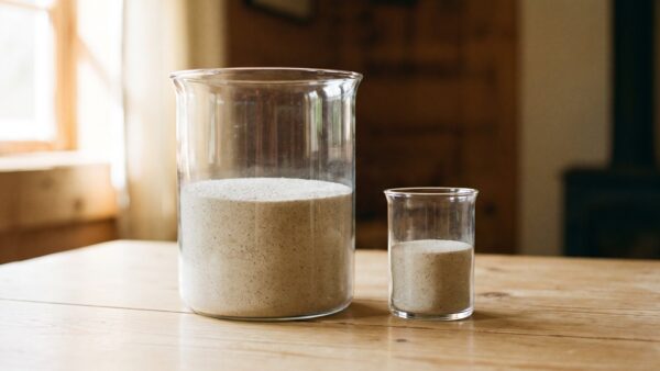 Ein großes und ein kleines Glasgefäß mit hellem Sand gefüllt