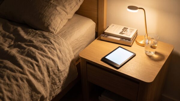 prime reading nachttisch E-Reader und gedruckte Buecher auf dem Nachttisch