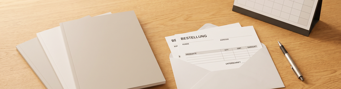Probeabo: Testhefte, Bestellunterlagen und Kalender auf dem Schreibtisch