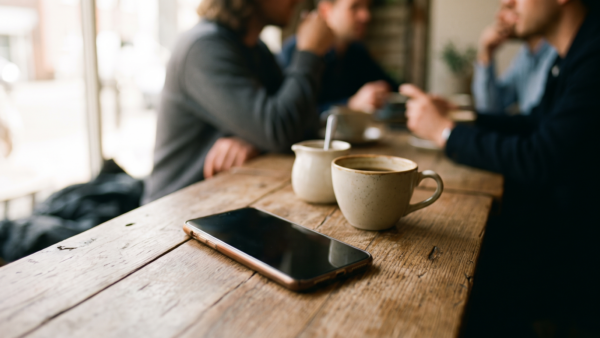 push benachrichtigungen deaktivieren bild 3 Smartphone mit dunklem Display auf einem Café-Tisch