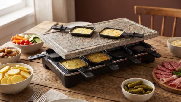 Raclette-Grill mit Pfännchen und Naturgrillstein auf gedecktem Tisch