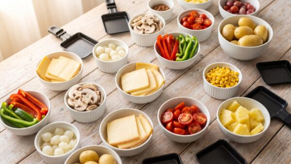 Raclette-Zutaten in Schälchen auf dem Tisch angerichtet