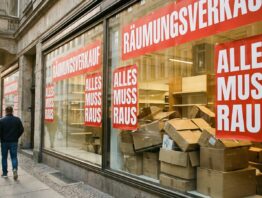 Schaufenster mit Räumungsverkauf-Plakaten und leeren Regalen