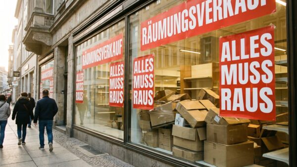 raeumungsverkauf bild 1 Schaufenster mit Räumungsverkauf-Plakaten und leeren Regalen