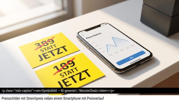 raeumungsverkauf bild 2 Preisschilder mit Streichpreis neben einem Smartphone mit Preisverlauf