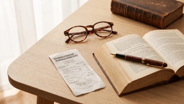 raeumungsverkauf bild 3 Kassenbon, Gesetzbuch und Brille — Verbraucherrechte im Räumungsverkauf