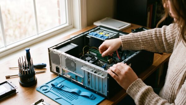 Arbeitsspeicher guenstig kaufen und aufruesten - Speicherriegel wird ins Mainboard gesetzt