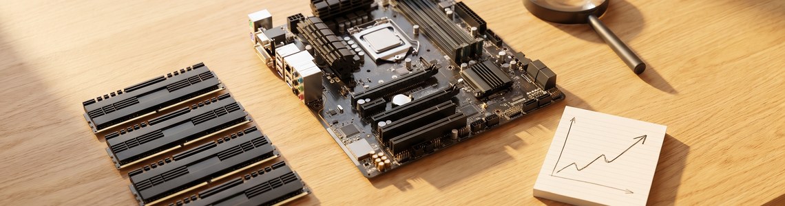 RAM-Preise 2026 - Arbeitsspeicher-Riegel und Mainboard auf Schreibtisch