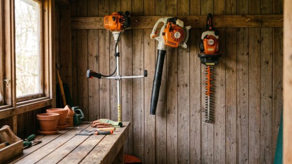 rasenmaehen uhrzeit geraete GartengerÀte mit Freischneider und LaubblÀser an einer Wand im GerÀteschuppen