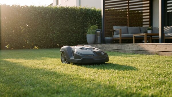 rasenmaehen uhrzeit maehroboter MĂ€hroboter fĂ€hrt bei Tageslicht ĂŒber einen gepflegten Rasen im Garten