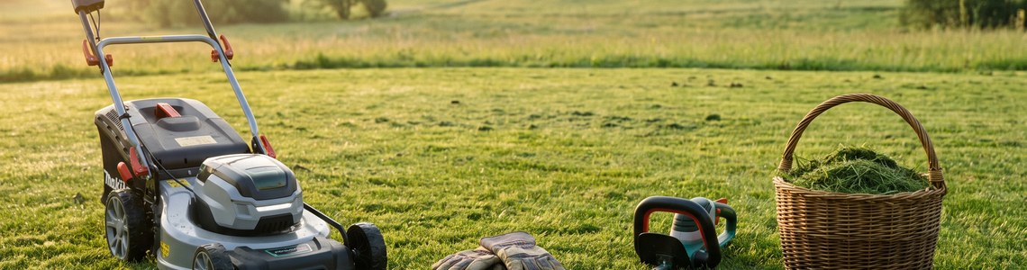 Rasenmaehen Uhrzeit Header mit Rasenmaeher und Gartengeraeten
