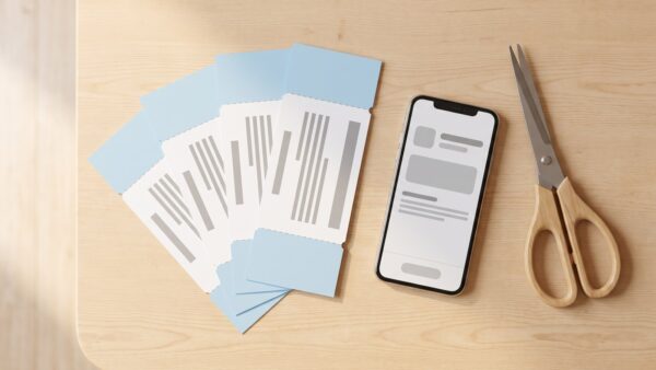 Papier-Coupons verschiedener Drogerien auf einem Tisch mit Smartphone-App