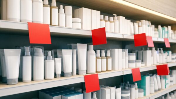 Drogerieregal mit Prozent-Rabattschildern für Aktionswochen
