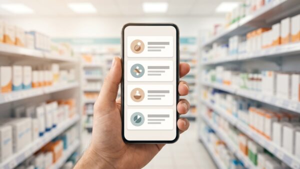 Rossmann App auf dem Smartphone mit aktivierten Coupons vor dem Drogerieregal