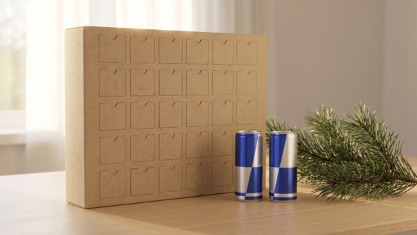 Red Bull Adventskalender 2026 geschlossener Karton mit Tuerchen