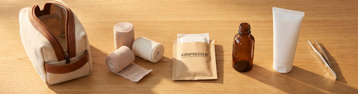Reiseapotheke mit Pflastern, Verbandmaterial und Kulturtasche auf dem Tisch
