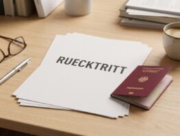 Reiserücktrittsversicherung Unterlagen mit Reisepass und Buchungsbestätigung auf Schreibtisch