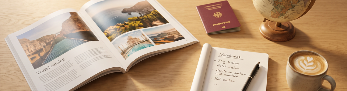 Reiseplanung am Schreibtisch mit Katalog, Reisepass und Notizblock